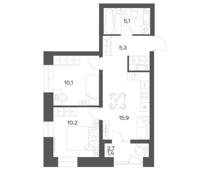 3-комнатная (Евро) квартира, 47.92 м² в ЖК "Новый Питер" - планировка, фото №1