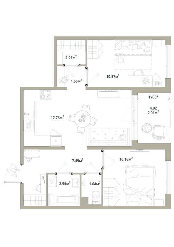 3-комнатная (Евро) квартира, 56.3 м² в ЖК "Тишин" - планировка, фото №1