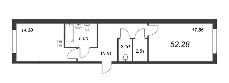 1-комнатная квартира, 52.4 м² - планировка, фото №1