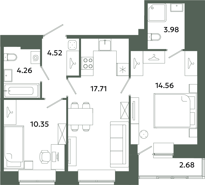3-комнатная (Евро) квартира, 56.72 м² в ЖК "Загляденье" - планировка, фото №1