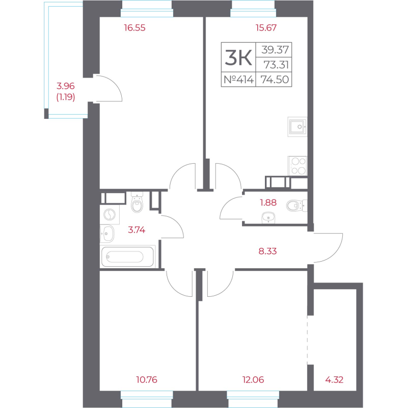 4-комнатная (Евро) квартира, 74.5 м² - планировка, фото №1