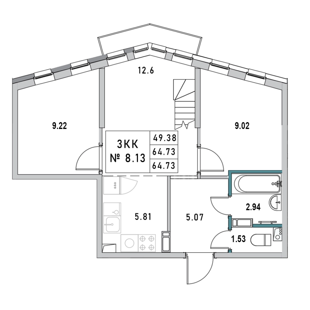 3-комнатная (Евро) квартира, 64.73 м² в ЖК "Новый Город" - планировка, фото №1