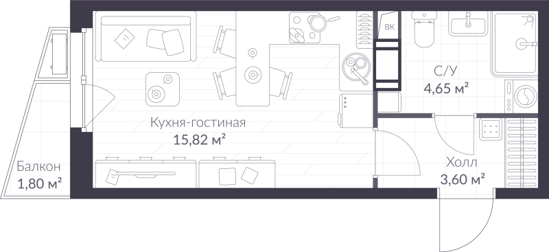 Квартира-студия, 24.61 м² в ЖК "ВЕРЕН НОРТ сертолово" - планировка, фото №1