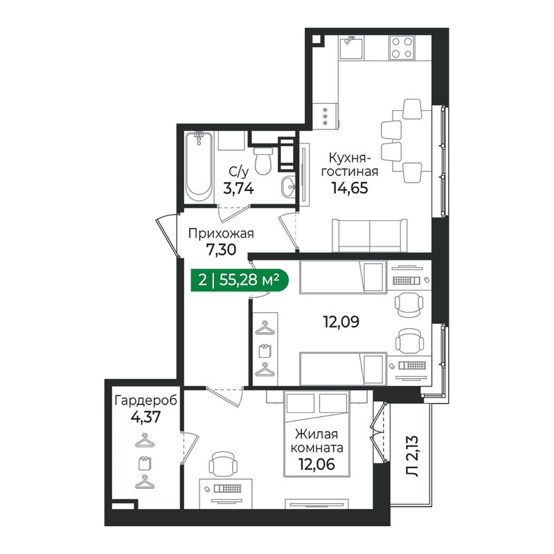 2-комнатная квартира, 55.28 м² в ЖК "Сертолово Парк" - планировка, фото №1