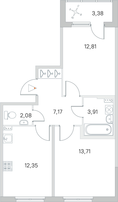 2-комнатная квартира, 52.03 м² - планировка, фото №1