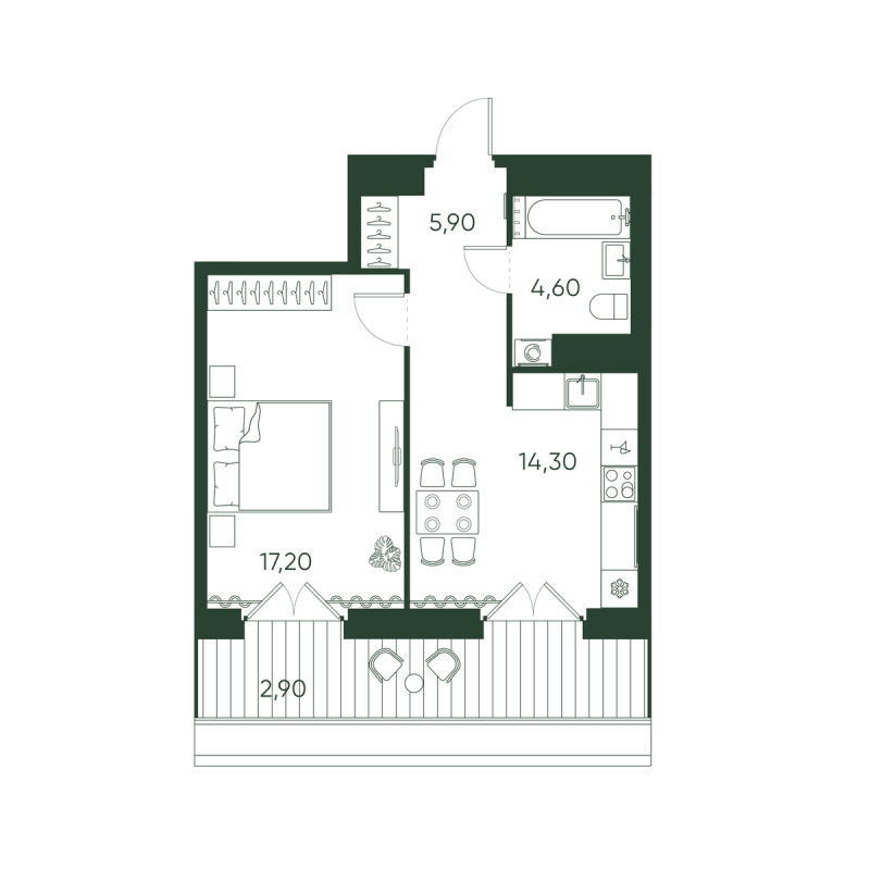 1-комнатная квартира, 44.9 м² в ЖК "Моисеенко 10" - планировка, фото №1
