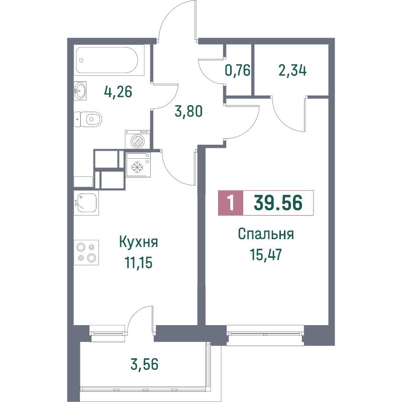 1-комнатная квартира, 39.56 м² - планировка, фото №1