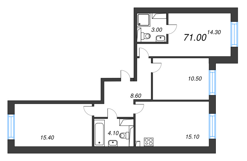 4-комнатная (Евро) квартира, 71 м² - планировка, фото №1