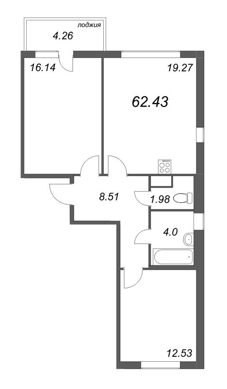 2-комнатная квартира, 62.43 м² - планировка, фото №1