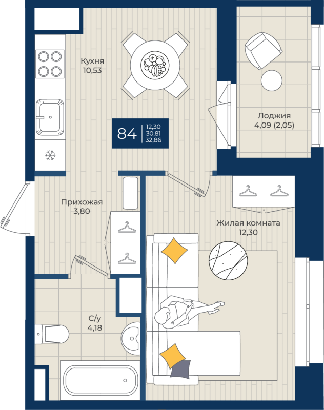1-комнатная квартира, 32.86 м² в ЖК "Новатория" - планировка, фото №1