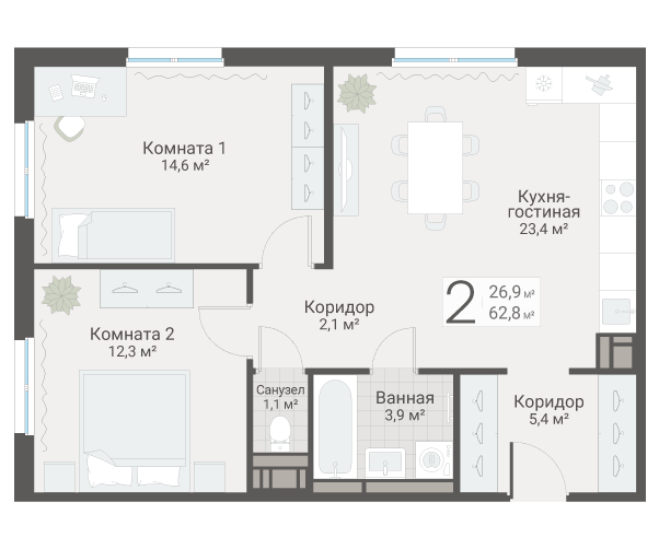 3-комнатная (Евро) квартира, 62.8 м² в ЖК "Руднева 15" - планировка, фото №1