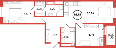 3-комнатная (Евро) квартира, 66.36 м² - планировка, фото №1