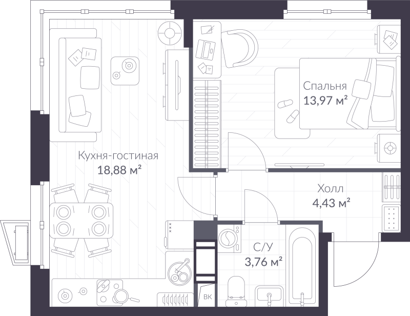 2-комнатная (Евро) квартира, 41.04 м² - планировка, фото №1