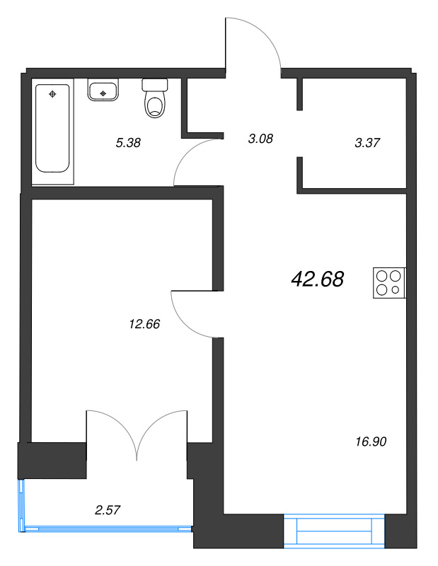2-комнатная (Евро) квартира, 42.68 м² в ЖК "Alpen" - планировка, фото №1