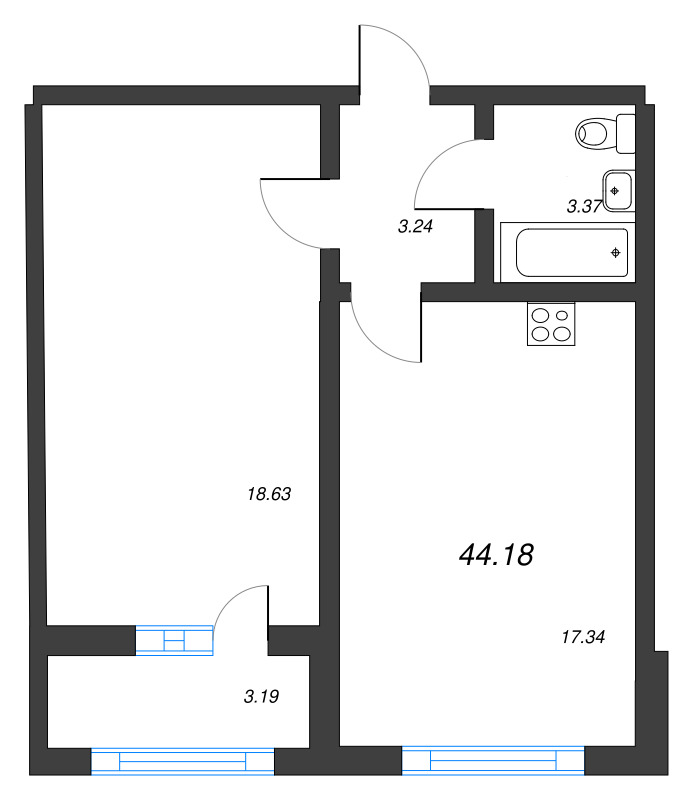 2-комнатная (Евро) квартира, 44.18 м² - планировка, фото №1