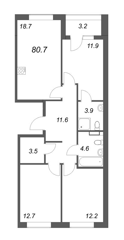 4-комнатная (Евро) квартира, 80.7 м² в ЖК "Пулковский дом" - планировка, фото №1