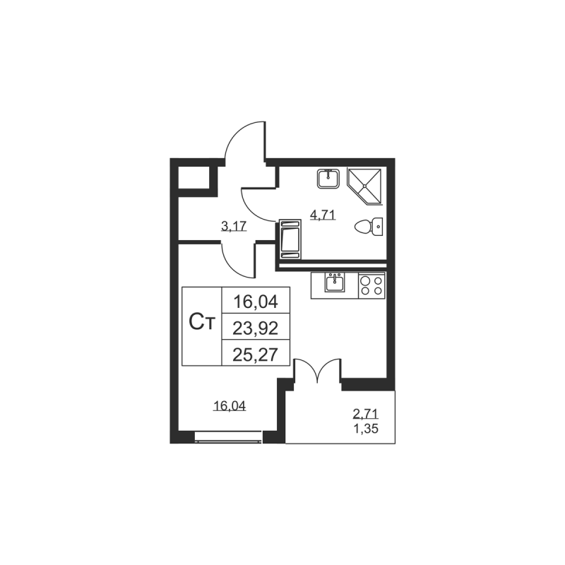 Квартира-студия, 25.27 м² в ЖК "Высота" - планировка, фото №1