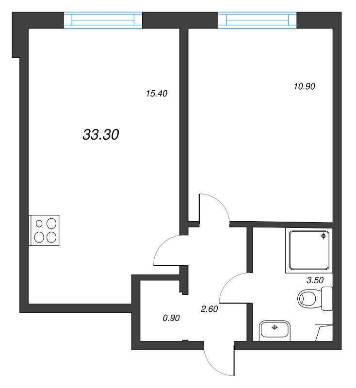 2-комнатная (Евро) квартира, 33.3 м² в ЖК "Дыбенко Парк" - планировка, фото №2