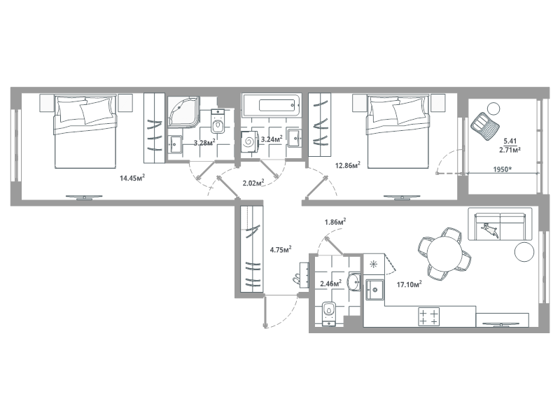 3-комнатная (Евро) квартира, 64.73 м² в ЖК "ЛесАрт" - планировка, фото №1