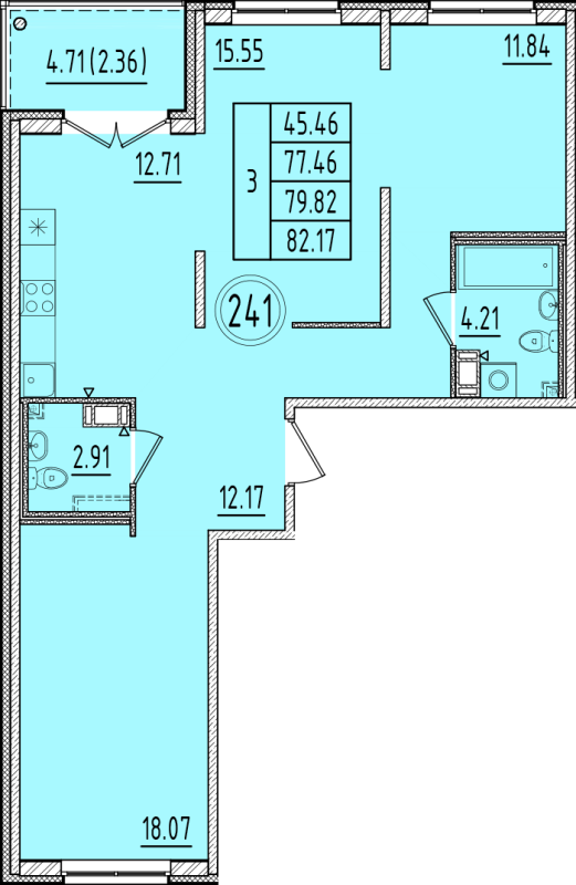 3-комнатная квартира, 77.46 м² в ЖК "Образцовый квартал 6.4" - планировка, фото №1