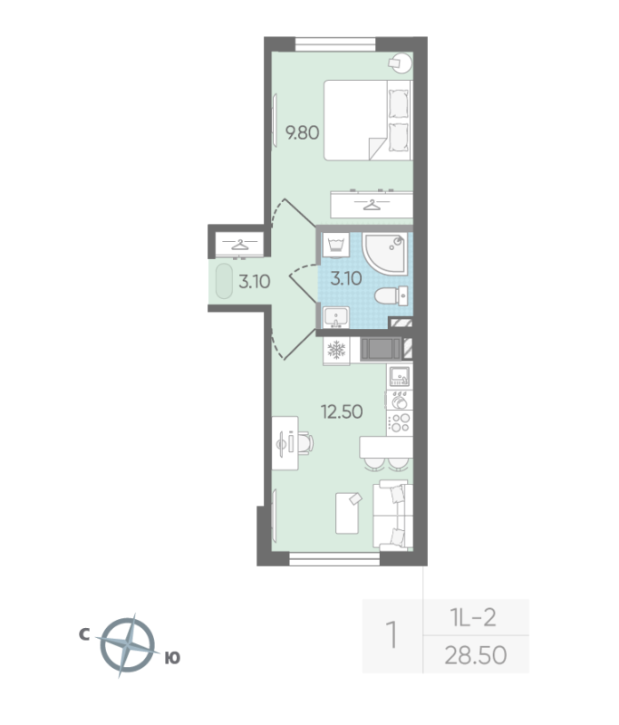 1-комнатная квартира, 28.5 м² - планировка, фото №1