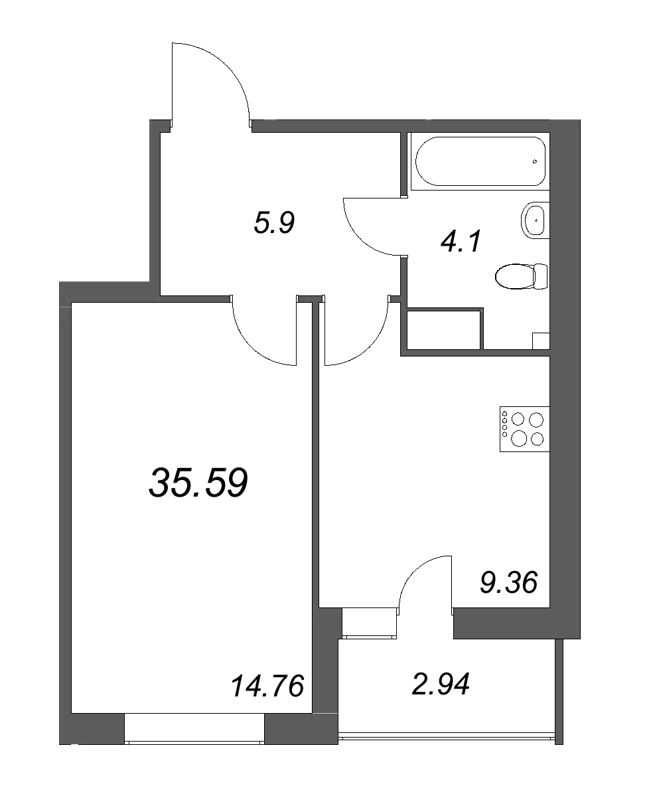 1-комнатная квартира, 35.59 м² - планировка, фото №1