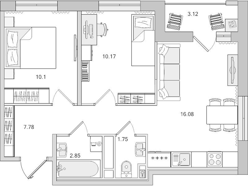 3-комнатная (Евро) квартира, 51.85 м² в ЖК "Город Первых" - планировка, фото №1