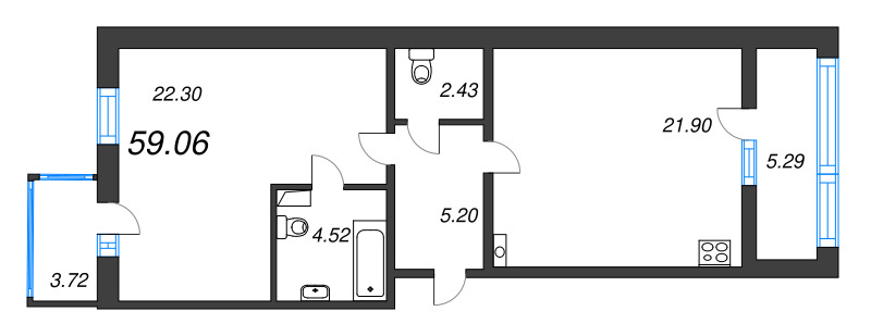 2-комнатная квартира, 60.9 м² - планировка, фото №1