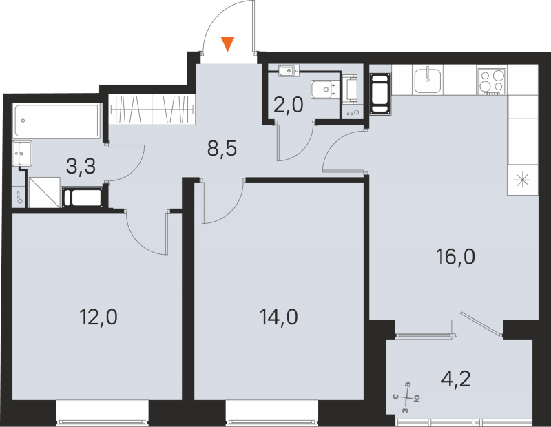 3-комнатная (Евро) квартира, 55.8 м² в ЖК "М36" - планировка, фото №1
