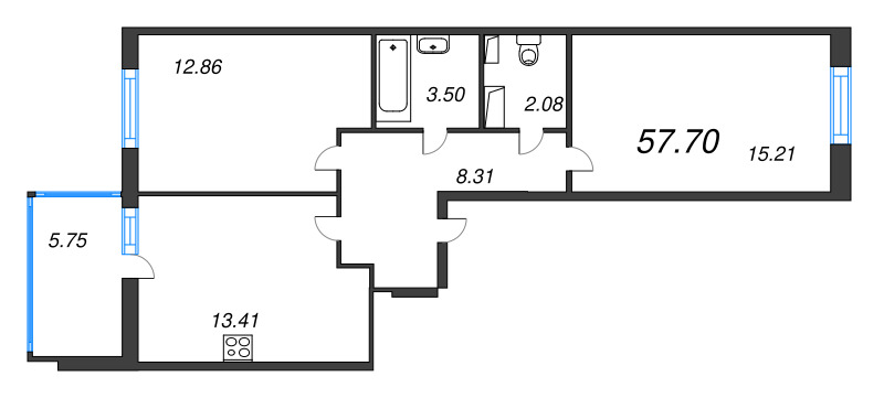 2-комнатная квартира, 57.7 м² в ЖК "Аквилон Stories" - планировка, фото №1