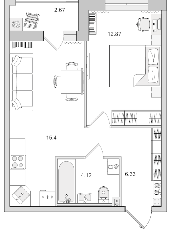 2-комнатная (Евро) квартира, 41.39 м² в ЖК "Город Первых" - планировка, фото №1