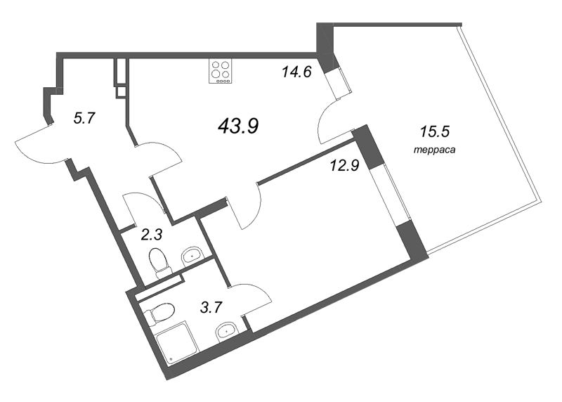1-комнатная квартира, 43.9 м² в ЖК "Экография" - планировка, фото №1