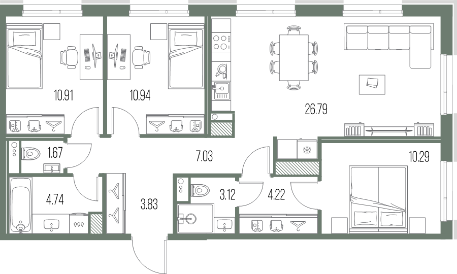 4-комнатная (Евро) квартира, 83.54 м² в ЖК "Legenda Васильевского" - планировка, фото №1