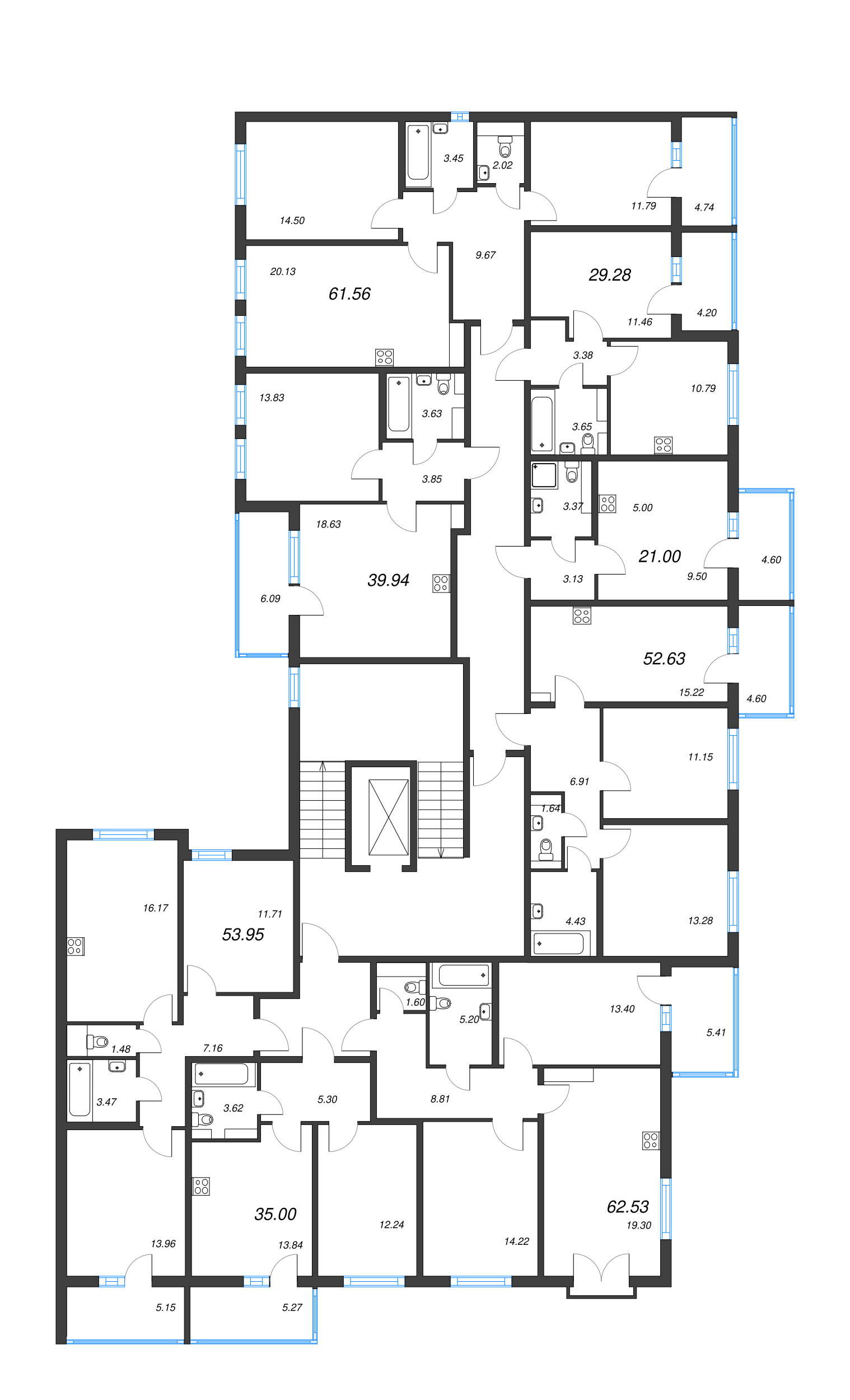 3-комнатная (Евро) квартира, 52.63 м² - планировка этажа