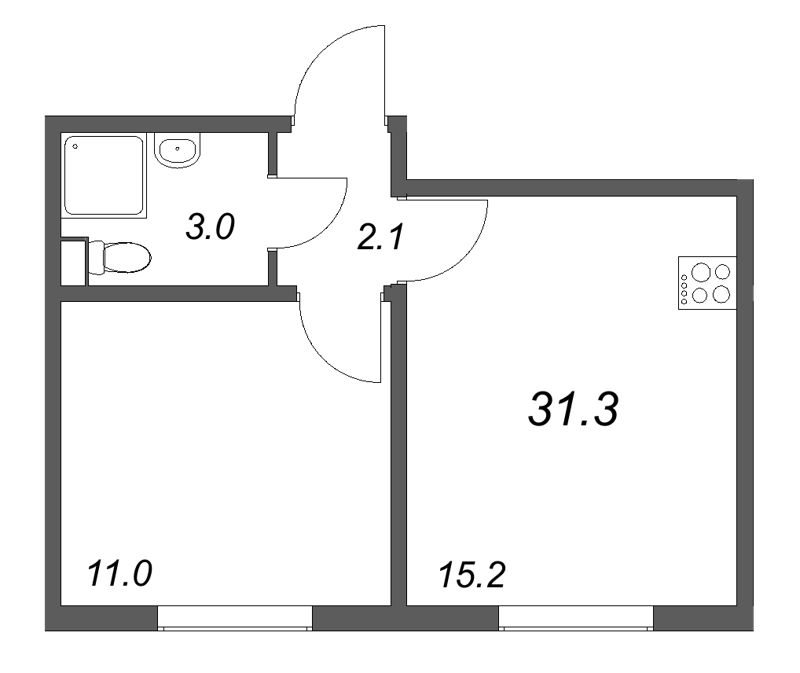 2-комнатная (Евро) квартира, 31.3 м² в ЖК "ЛСР. Ржевский парк" - планировка, фото №1
