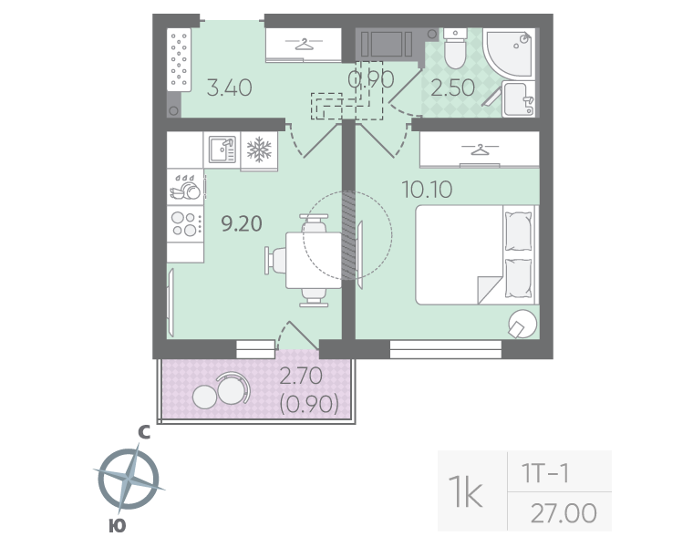 1-комнатная квартира, 27 м² в ЖК "Цветной город" - планировка, фото №1