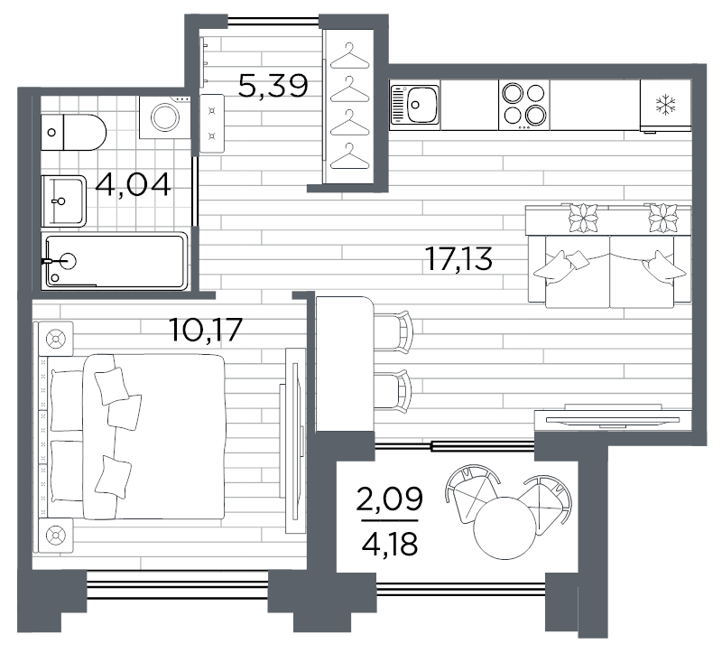 2-комнатная (Евро) квартира, 38.82 м² в ЖК "Ассамблея" - планировка, фото №1