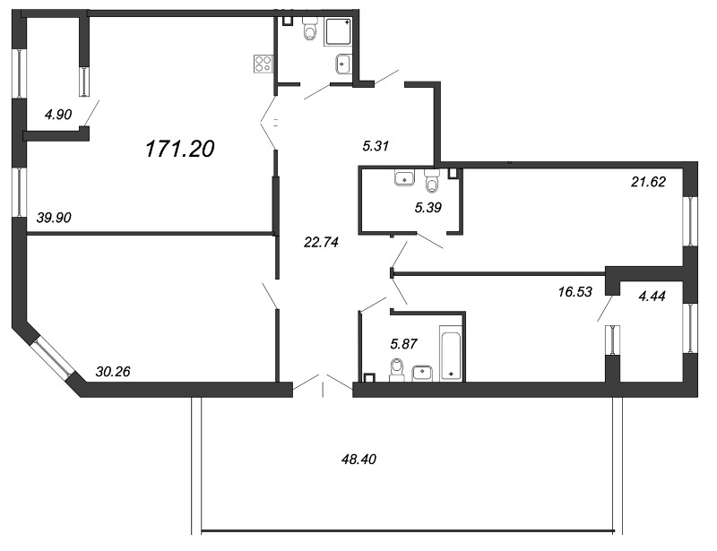 3-комнатная квартира, 172 м² - планировка, фото №1