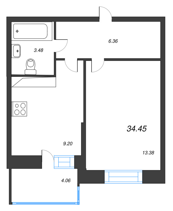 1-комнатная квартира, 34.45 м² в ЖК "Аквилон Stories" - планировка, фото №1