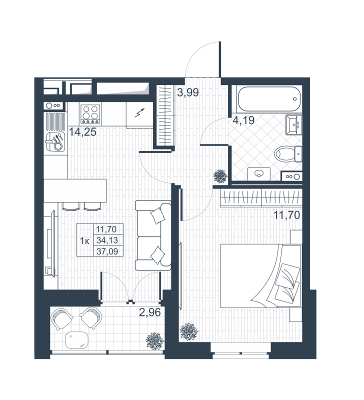1-комнатная квартира, 33.9 м² в ЖК "Ново-Антропшино" - планировка, фото №1