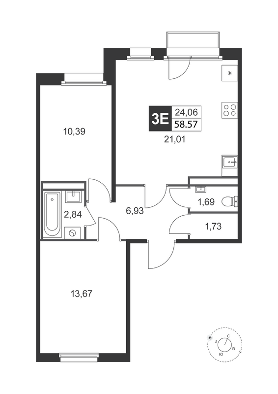 3-комнатная (Евро) квартира, 58.57 м² в ЖК "Слобода" - планировка, фото №1