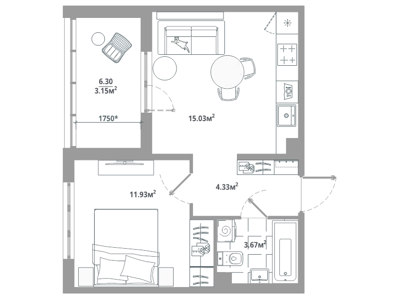 2-комнатная (Евро) квартира, 38.11 м² в ЖК "ЛесАрт" - планировка, фото №1