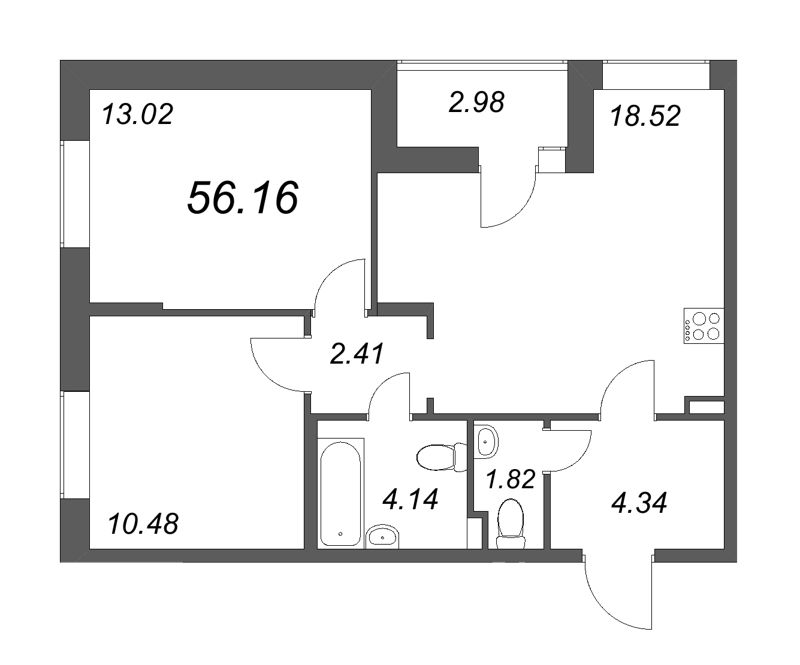 3-комнатная (Евро) квартира, 56.16 м² - планировка, фото №1