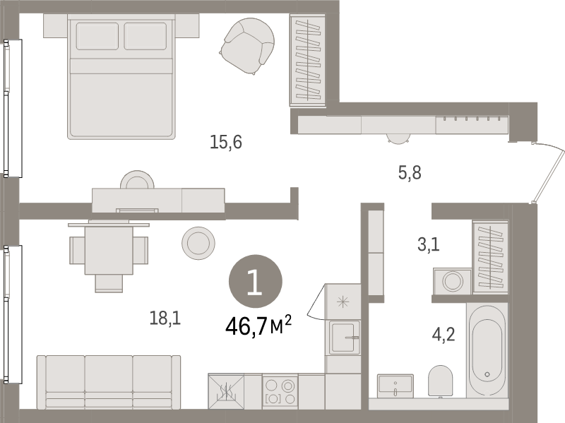 2-комнатная (Евро) квартира, 46.7 м² - планировка, фото №1