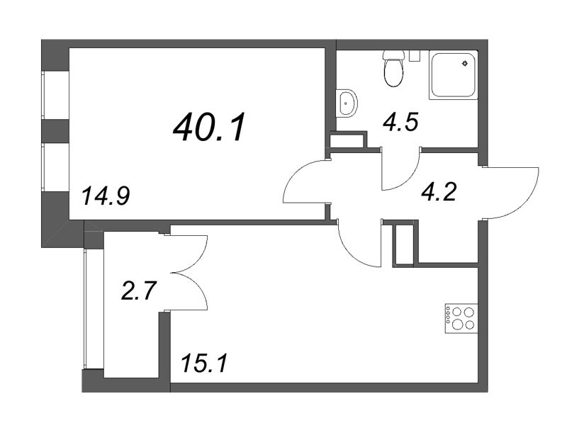 2-комнатная (Евро) квартира, 39.9 м² в ЖК "Новый Питер" - планировка, фото №1