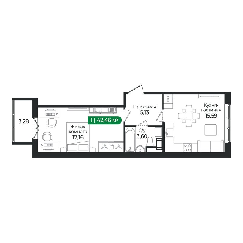2-комнатная (Евро) квартира, 42.46 м² в ЖК "Сертолово Парк" - планировка, фото №1