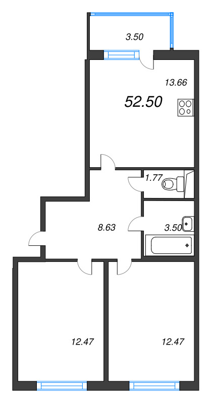 3-комнатная (Евро) квартира, 52.5 м² в ЖК "ЮгТаун" - планировка, фото №1