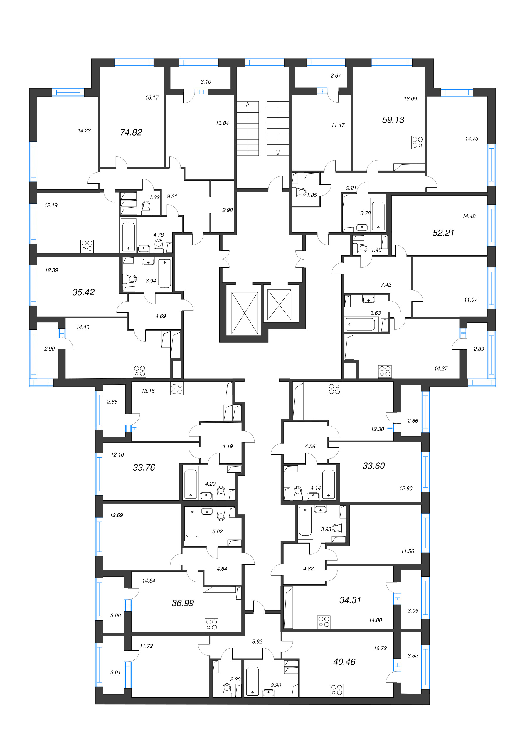 3-комнатная квартира, 74.82 м² - планировка этажа