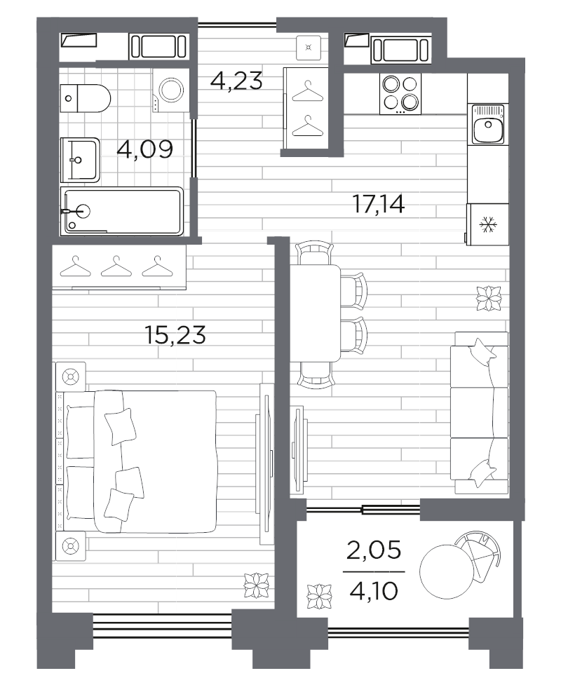 2-комнатная (Евро) квартира, 42.74 м² в ЖК "Ассамблея" - планировка, фото №1