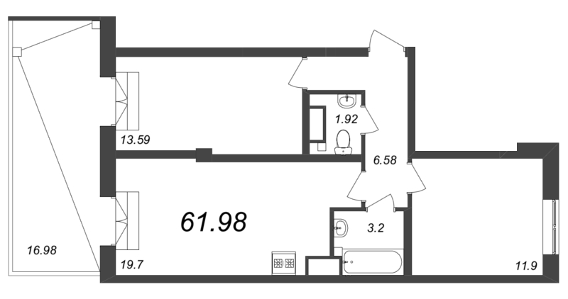 3-комнатная (Евро) квартира, 61.98 м² - планировка, фото №1